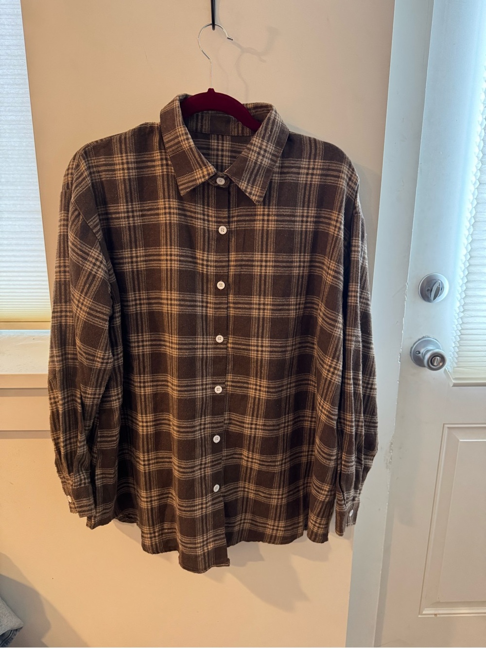 Women’s Brown Plaid Button-Down Shirt - Classic Relaxed Fit